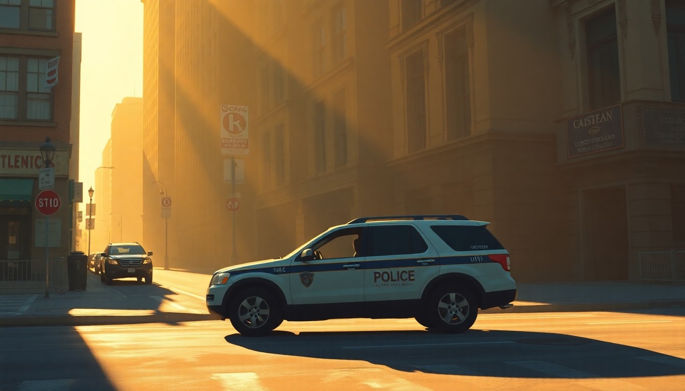 A photorealistic painting of an unmarked government SUV parked on a city street, with warm sunlight and deep shadows creating a cinematic, melancholy mood.