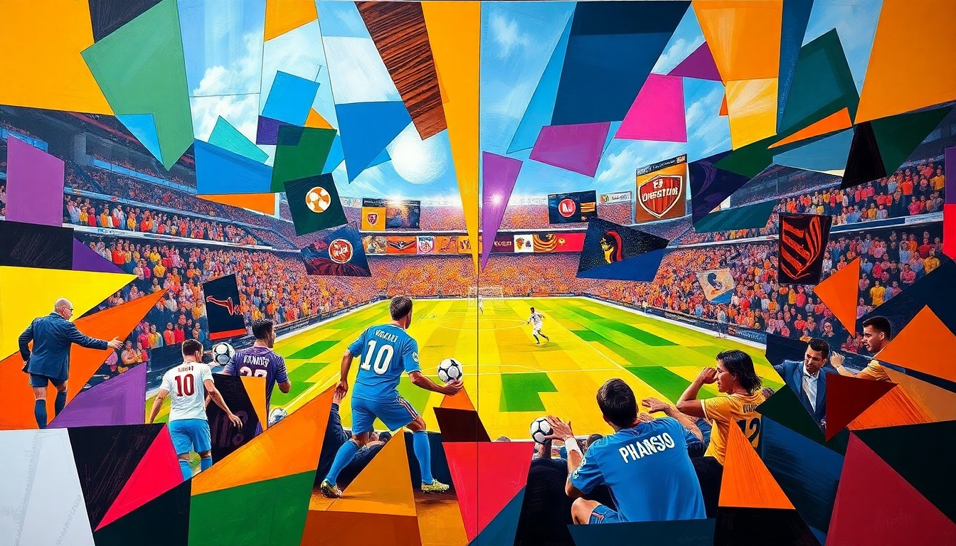 A dynamic, fragmented painting depicting the action of a soccer match between Orlando City and Houston Dynamo, with the players and field broken down into sharp, overlapping geometric shapes and planes in vibrant colors.