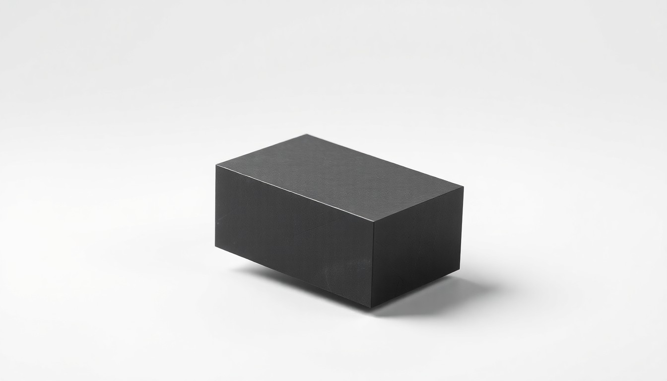 A polished, geometric graphite block floating on a clean, monochromatic background, representing the premium raw material at the heart of Novonix's battery technology. The dramatic lighting and shadows convey the technical precision and strategic importance of this critical battery component.