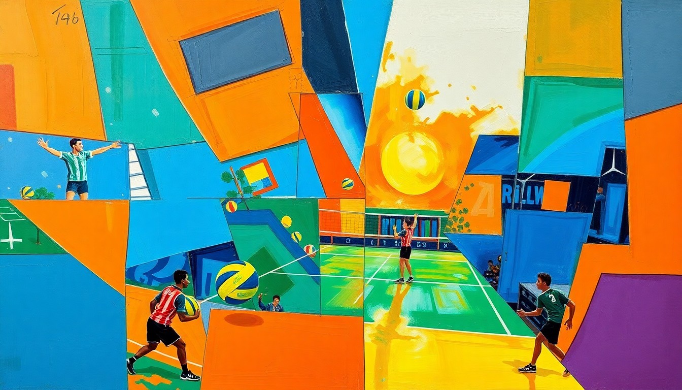 A fractured, geometric painting in vibrant colors depicting the action and intensity of a volleyball game, with players and the ball broken down into sharp, overlapping shapes.