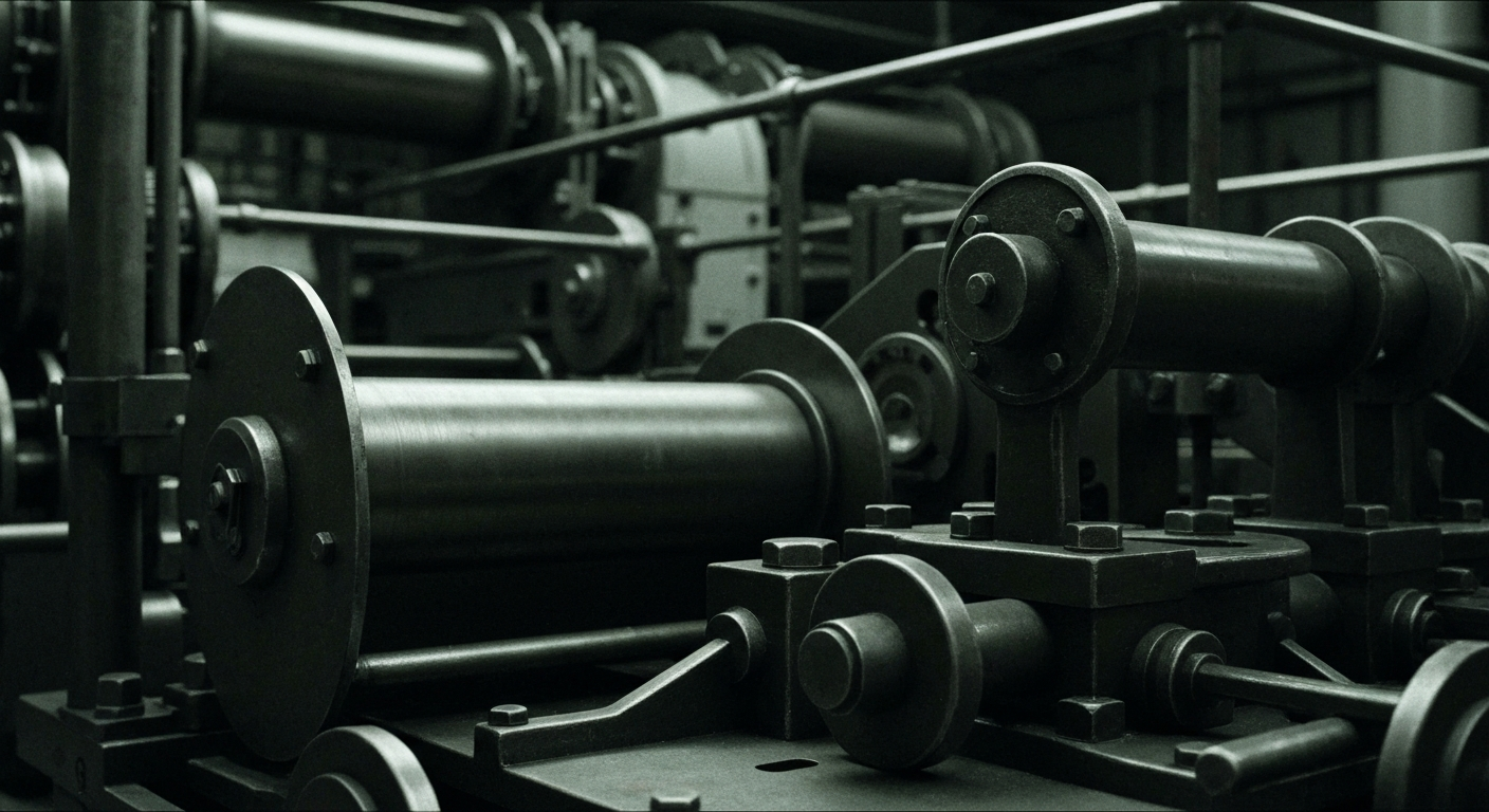 An extreme close-up of complex, interlocking metal gears and machinery, conveying the heavy-duty, industrial nature of AeroVironment's products and services.