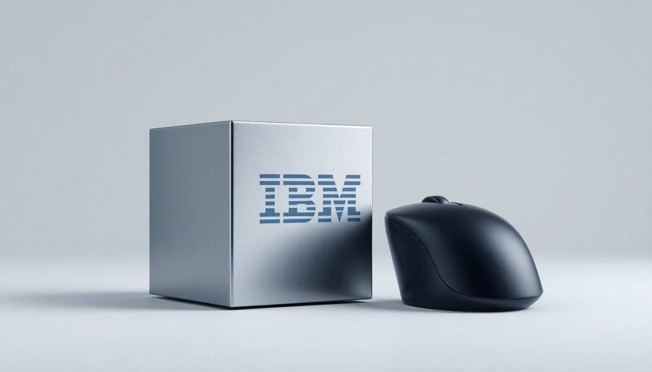 A photorealistic studio still life featuring a polished metal cube and a sleek black computer mouse on a clean, monochromatic background, symbolizing the intersection of hardware, software, and enterprise technology that defines IBM's business.