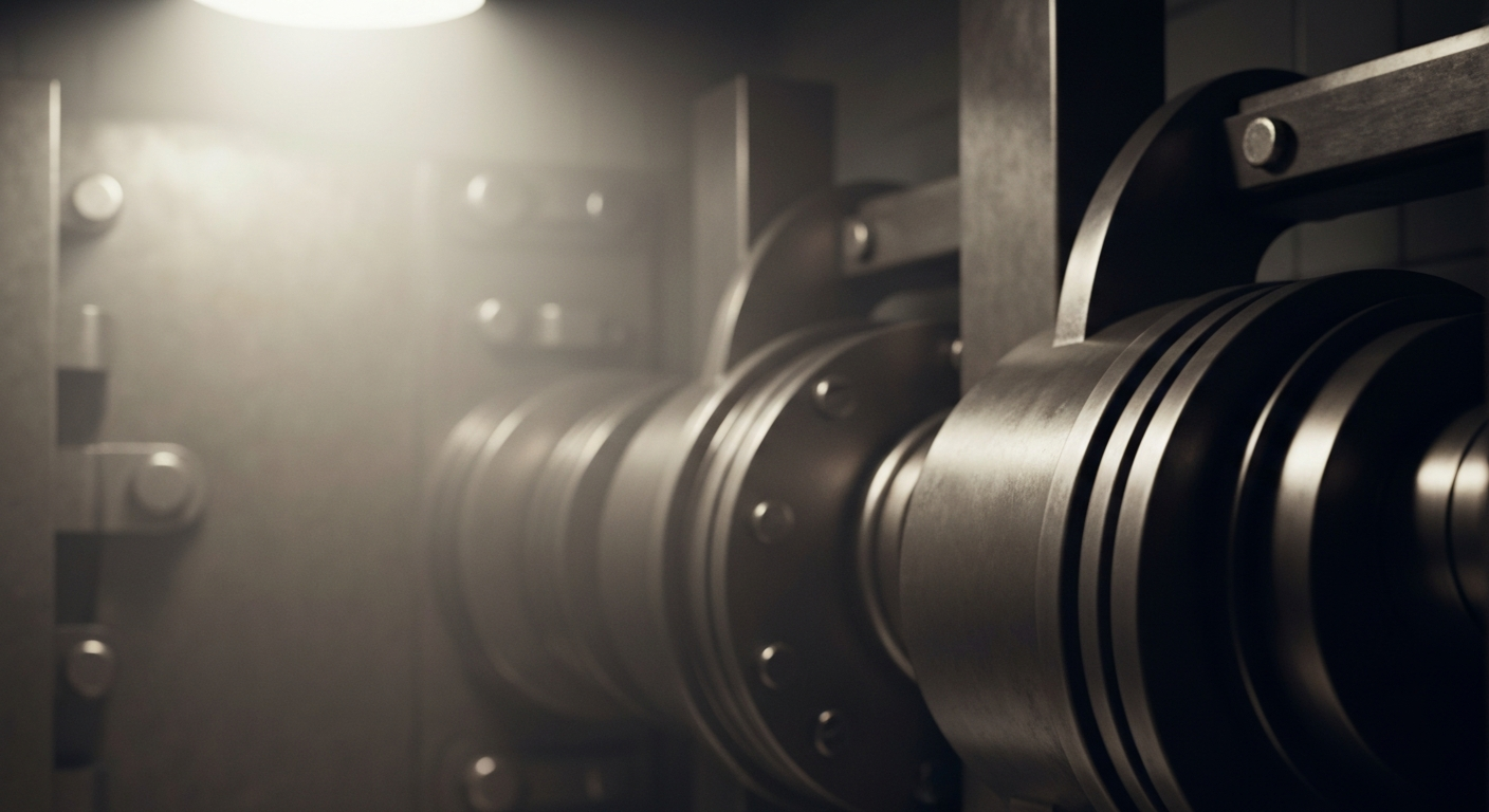 A highly detailed, black-and-white close-up image of the intricate inner workings of a large industrial machine, representing the complex financial infrastructure and machinery behind Altria Group's tobacco business.