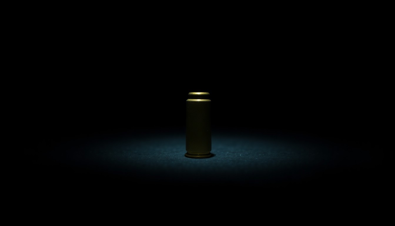 An extreme close-up photograph of a single spent .45 caliber bullet casing on a dark background, lit by a harsh camera flash, conceptually representing the physical evidence at the center of the 'Rust' on-set tragedy.
