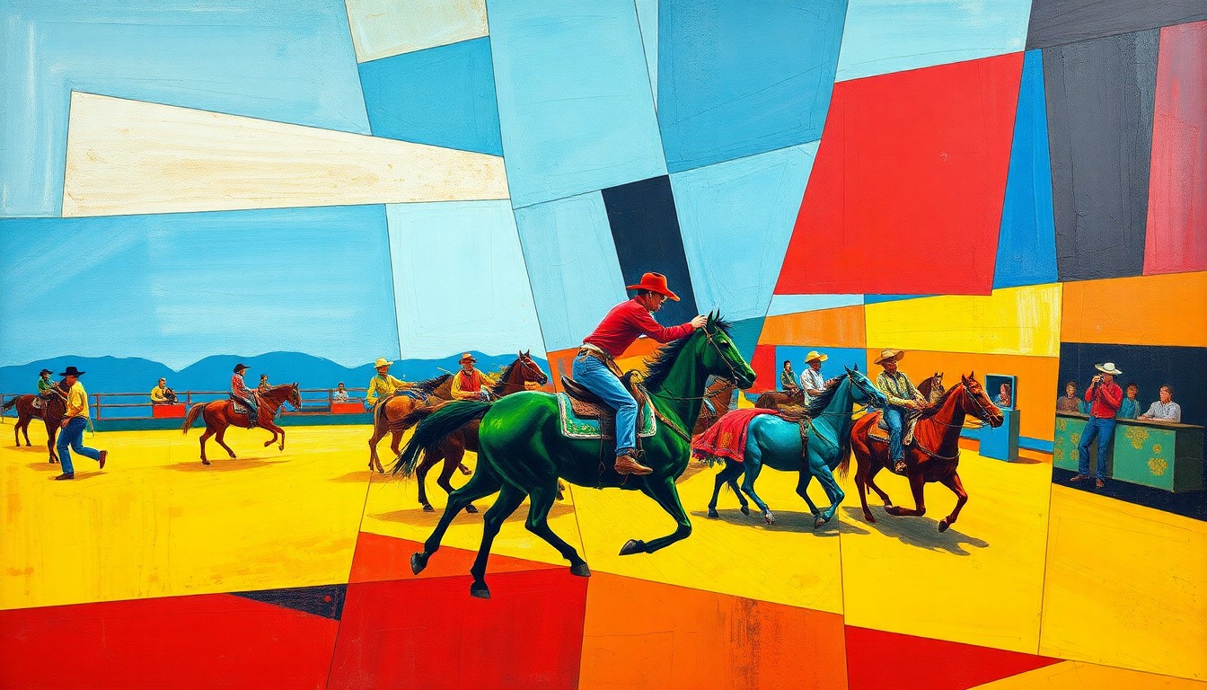 A cubist, geometric painting depicting a rodeo scene, with sharp, overlapping planes of vibrant red, blue, and yellow colors, capturing the energy and movement of the event.