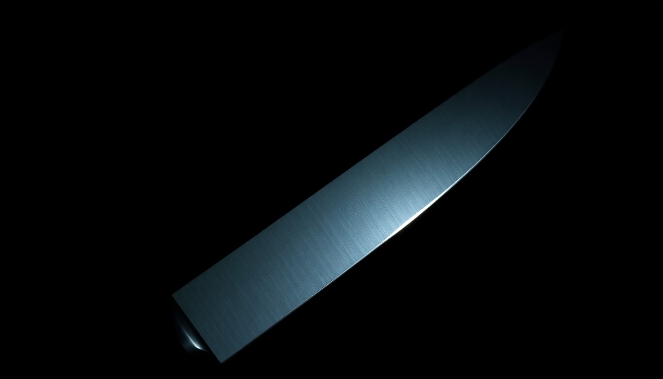 An extreme close-up of a knife blade reflecting a harsh, direct camera flash, creating a stark, gritty visual that conceptually represents the violent nature of the recent stabbings in Imperial Beach.