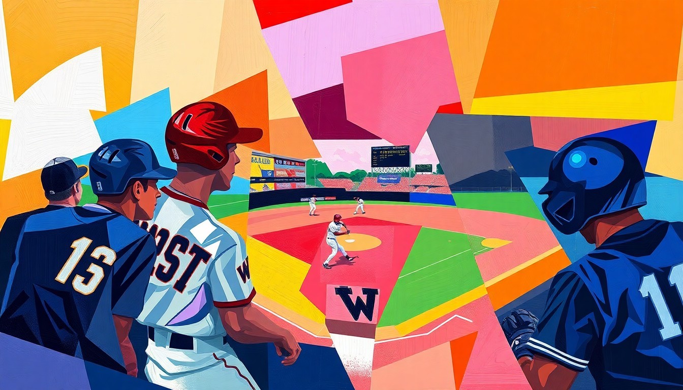 A fragmented, geometric painting depicting the dynamic movements and energy of a college baseball game, with the players and field broken down into sharp, overlapping planes of color.