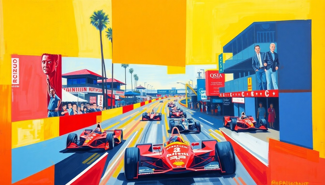A fractured, multi-perspective painting in bold, vibrant colors depicting an IndyCar race on the streets of Long Beach, with the cars and track broken down into sharp, overlapping geometric shapes.