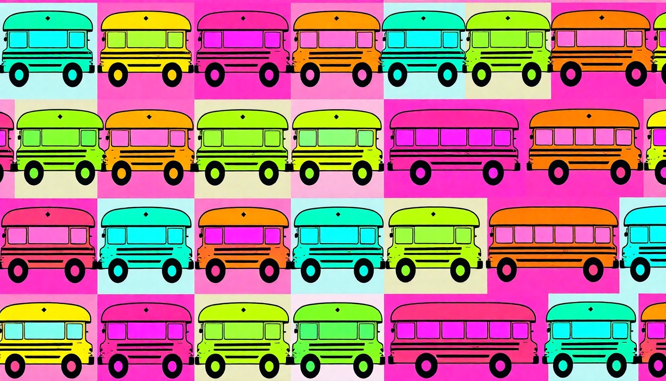 A bold, colorful silkscreen-style illustration featuring a repeating grid of stylized school bus icons in bright neon shades of yellow, orange, and pink, conceptually representing the community's efforts to maintain essential student transportation services.