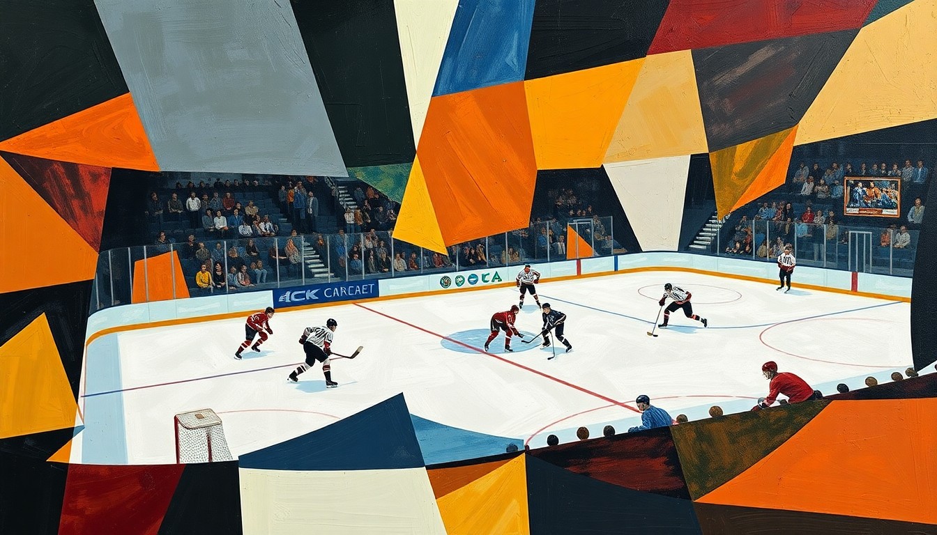 A cubist, geometric painting depicting a hockey game, with players and the puck broken down into sharp, overlapping shapes and planes of color, conveying the dynamic energy and competition of the sport.