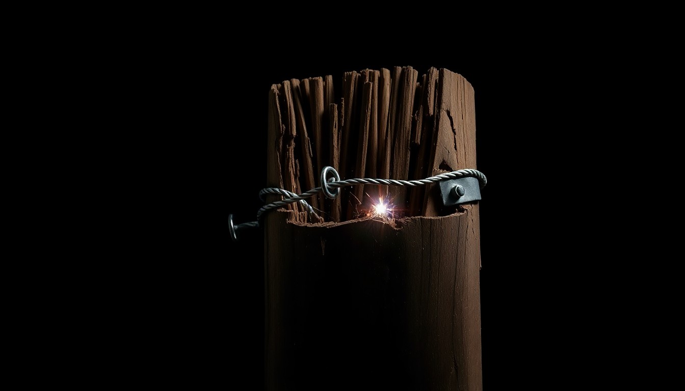 An extreme close-up photograph of a damaged patio fence post, with twisted, splintered wood and twisted metal conveying a sense of sudden, violent impact.