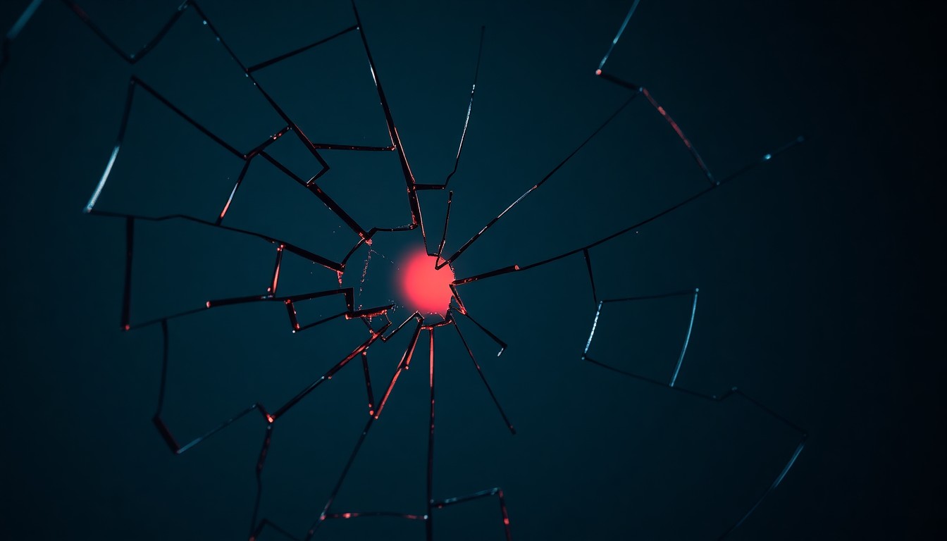 An abstract close-up photograph of a shattered mirror reflecting a faint red light, conveying the fragility and emotional intensity of the grieving process explored in Duane Betts' new single 'Heartache'.