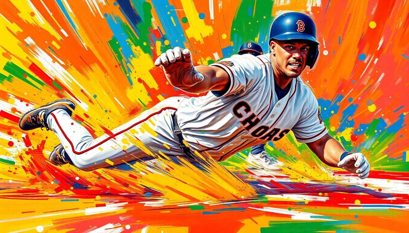 An abstract, expressionist painting in neon colors depicting the blurred motion of a baseball player sliding into home plate, with the player's face and uniform details dissolving into unrecognizable splatters of paint, capturing the raw energy and emotion of the moment.