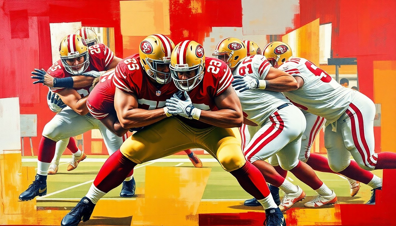 A fractured, geometric painting depicting the blocking technique of a football offensive lineman, with sharp planes of scarlet red and gold colors representing the 49ers' team colors.