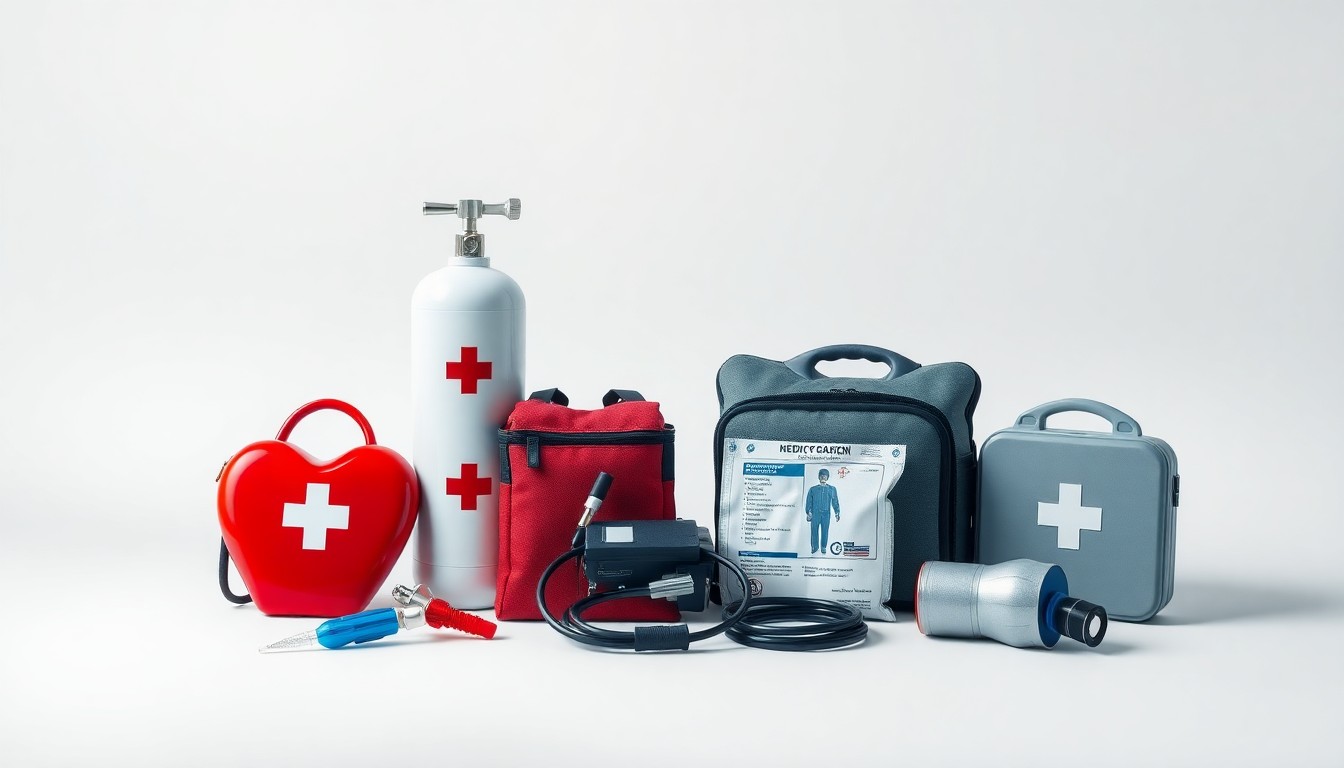 A minimalist, high-end studio still life photograph featuring a collection of medical equipment and supplies, including an oxygen tank, defibrillator, and emergency medical kit, arranged elegantly on a clean, monochromatic background to conceptually represent the critical importance of reliable emergency medical services.