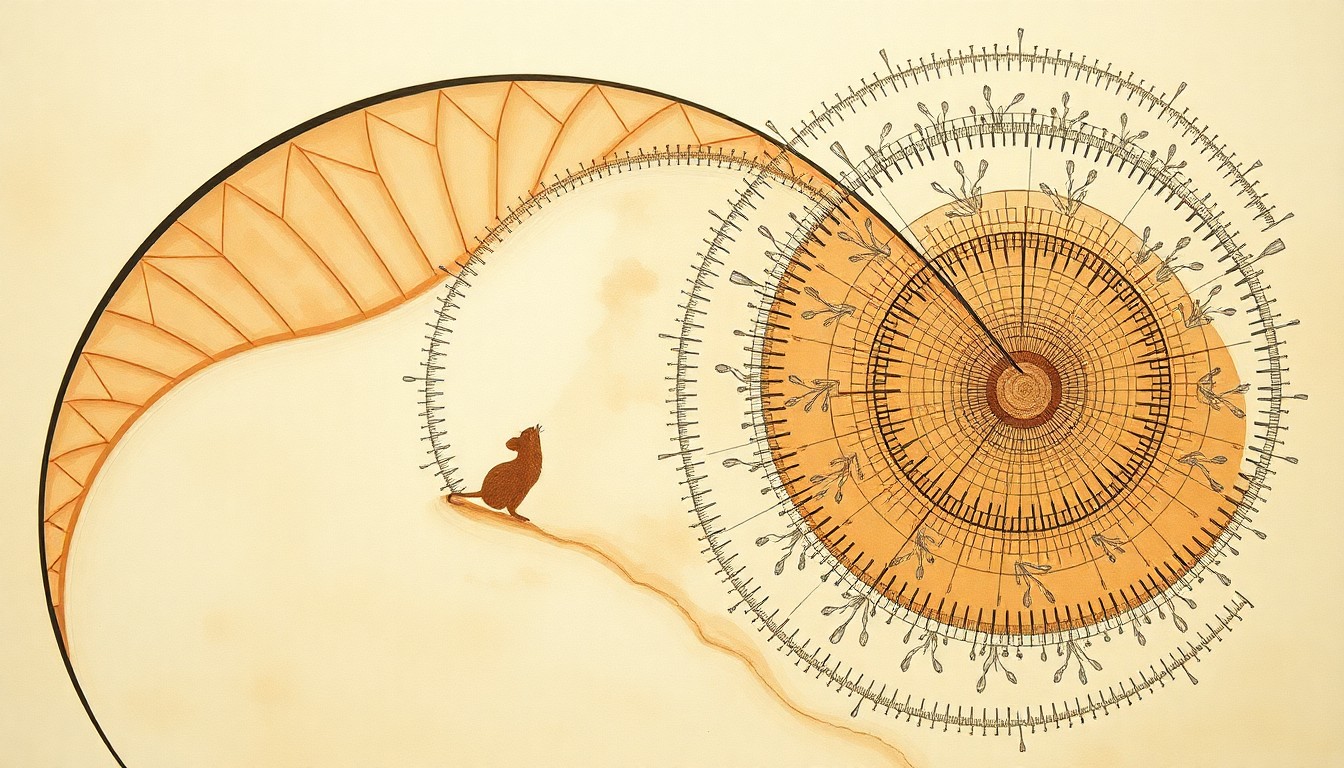 A highly structured abstract painting in soft, earthy tones, featuring sweeping geometric arcs, concentric circles, and precise botanical spirals, conceptually representing the complex genetic and environmental factors affecting the survival of the Pacific pocket mouse.