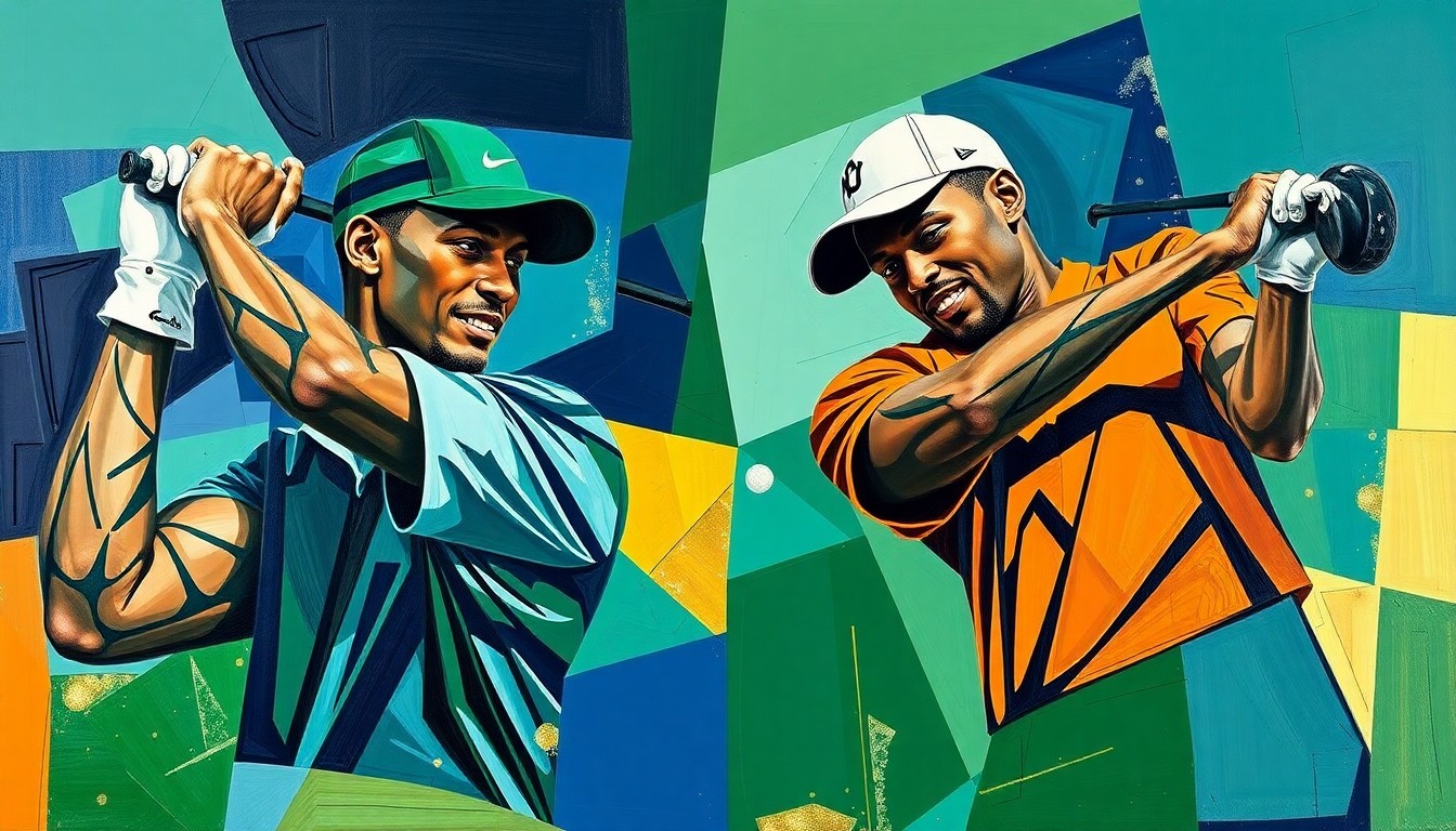 A cubist, geometric painting depicting a fractured, multi-perspective view of a golf match, with sharp planes of navy, emerald, and gold colors representing the game and the reconciliation between the two players.