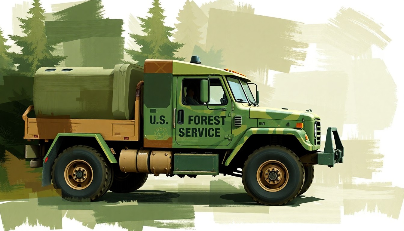 A dynamic, fragmented painting depicting a blurred U.S. Forest Service vehicle or equipment in motion, with overlapping geometric shapes and brushstrokes in muted, earthy tones conceptually representing the agency's proposed reorganization.