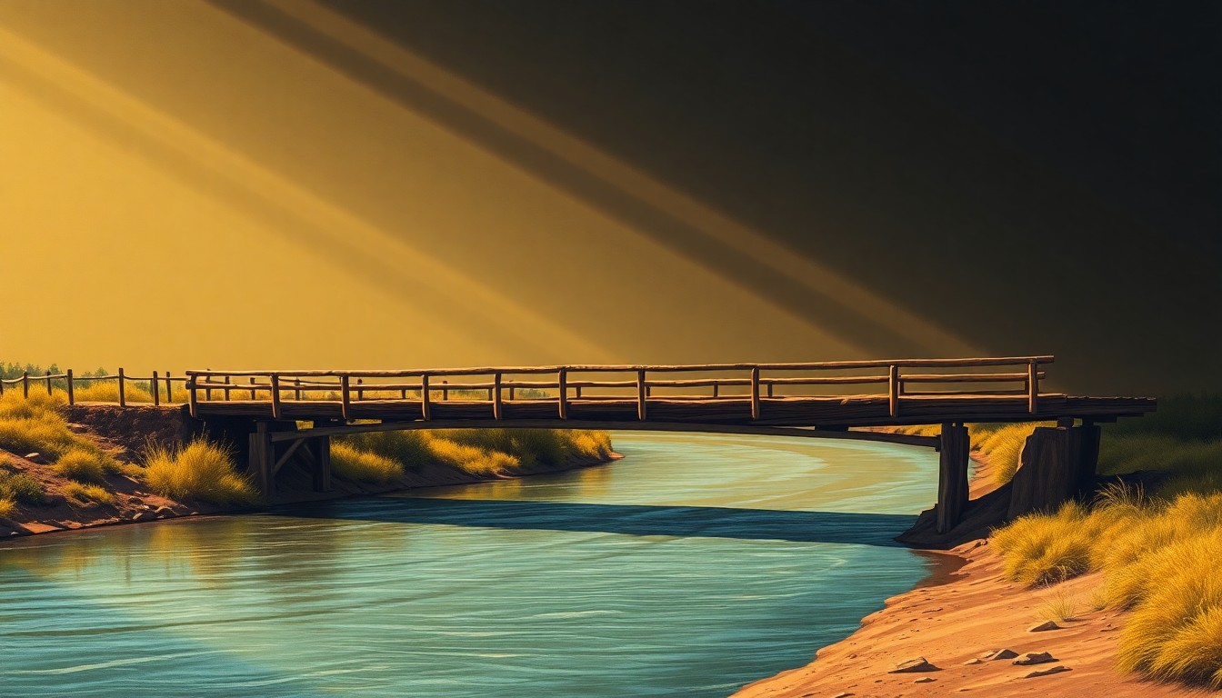 A cinematic painting of a lone, weathered wooden bridge over a winding river, bathed in warm, diagonal sunlight and deep shadows, conceptually representing the tranquil beauty and fragility of the Big Bend region.