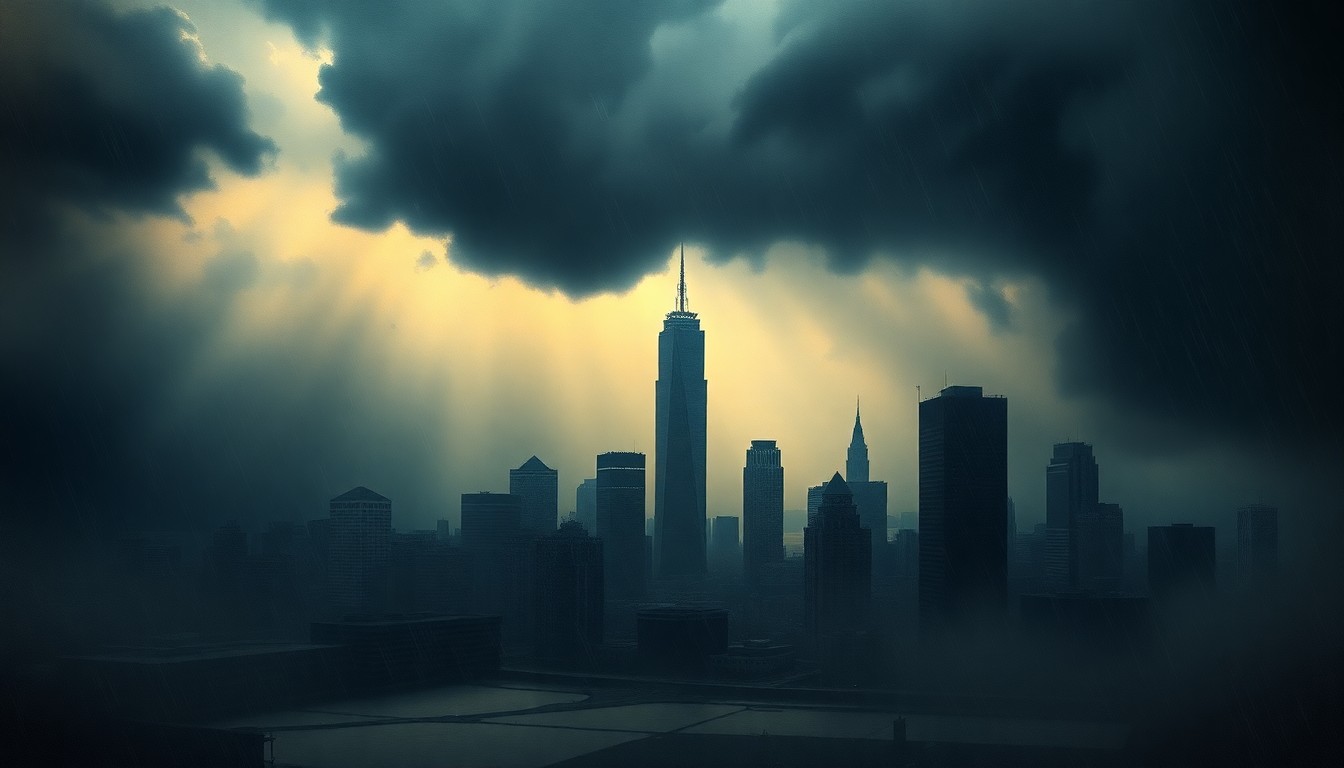 A sweeping, atmospheric landscape painting depicting a heavy rainstorm moving across the Boston skyline, with the iconic Prudential Center tower partially obscured by the stormy weather and dramatic lighting.