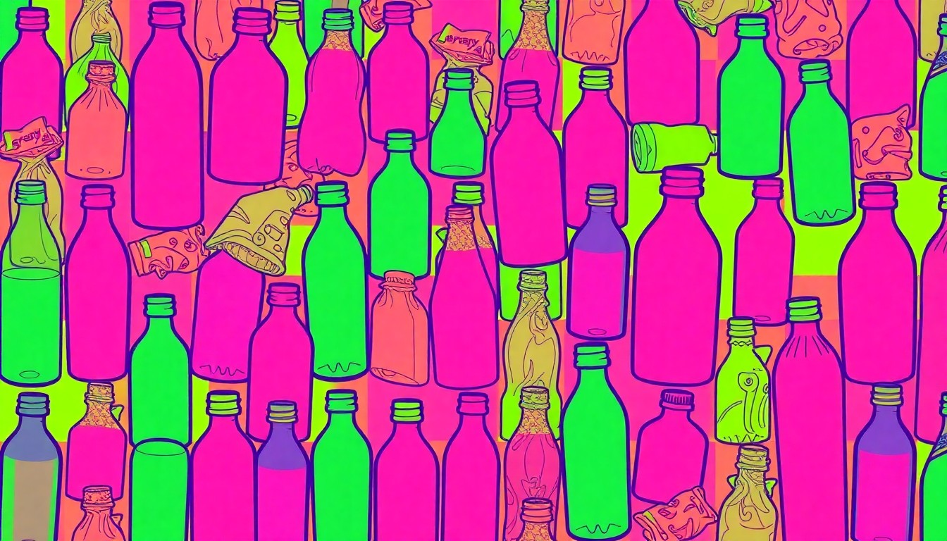 A brightly colored, high-contrast silkscreen print of a plastic bottle and fast food wrapper repeated in a tight grid pattern, utilizing vibrant neon colors and heavy black outlines to turn everyday litter into modern pop art.