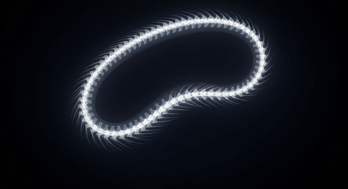 A translucent X-ray photograph showing the skeletal structure of a coiled rattlesnake, its fangs and rattle clearly visible, conceptually illustrating the health risks posed by these venomous snakes.