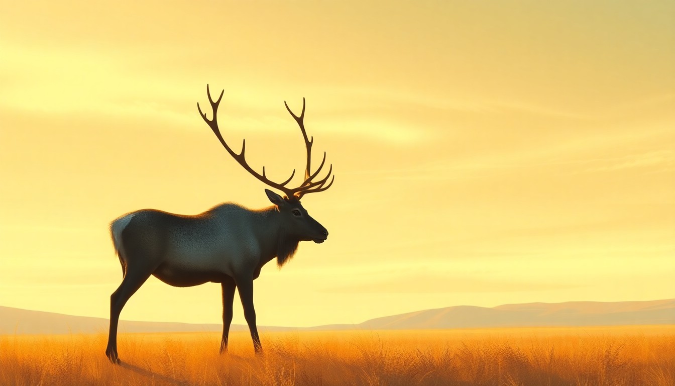 A cinematic painting of a caribou standing in the golden light of the Alaskan tundra, its antlers silhouetted against the vast, open sky, conveying a sense of reverence and timelessness for the natural world.