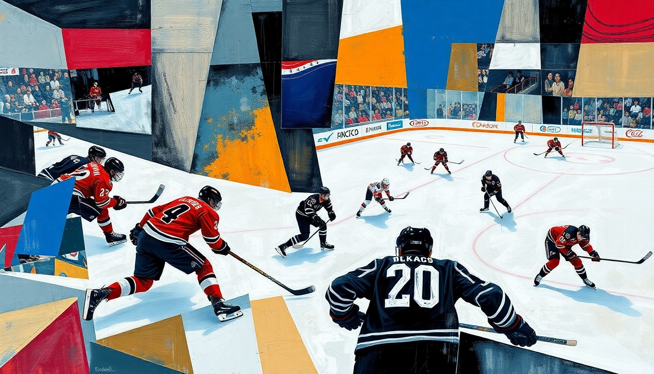 A fractured, multi-perspective painting depicting a hockey game, with the players and ice broken down into sharp, overlapping geometric shapes and planes of color, conveying the intensity and complexity of the upcoming playoff series between the Lightning and Canadiens.