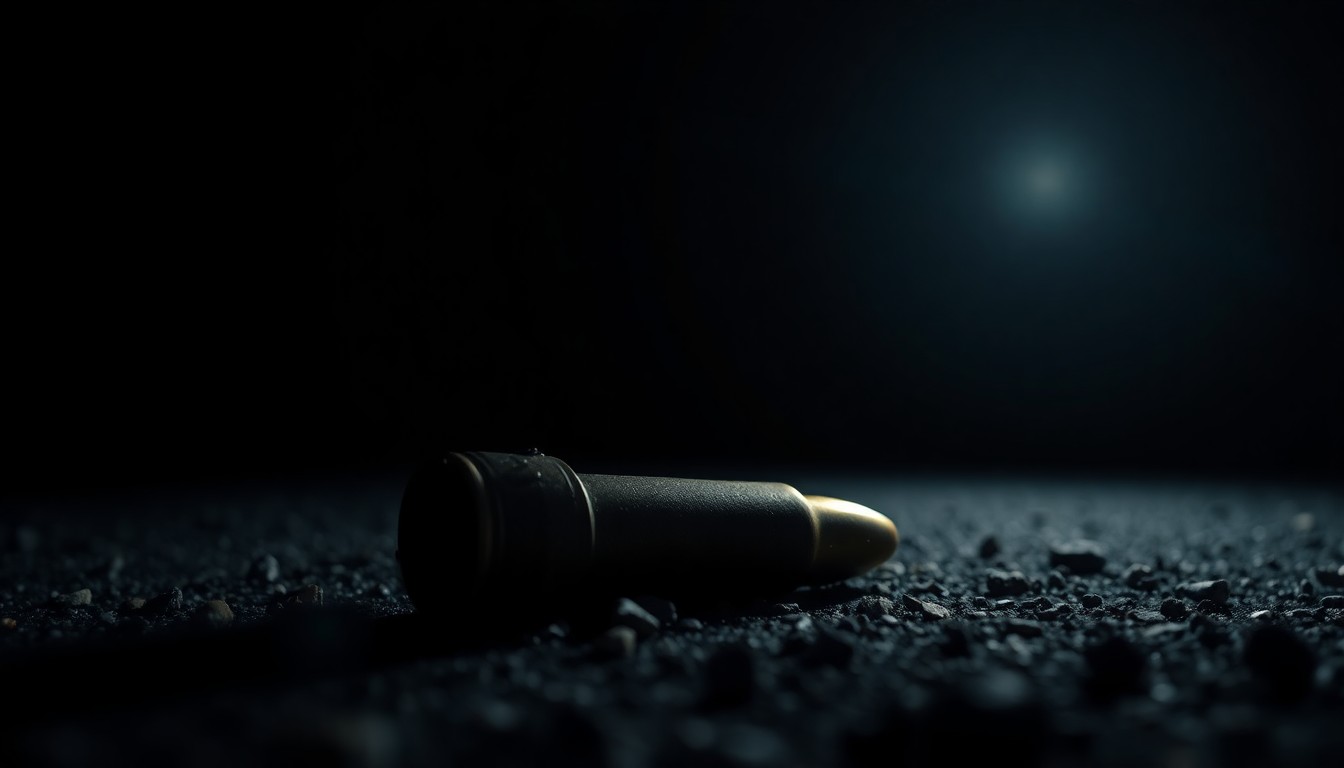 An extreme close-up photograph of a spent shell casing on the ground, lit by a harsh, direct camera flash against a pitch-black background, conveying the stark, gritty, and investigative nature of the crime scene.