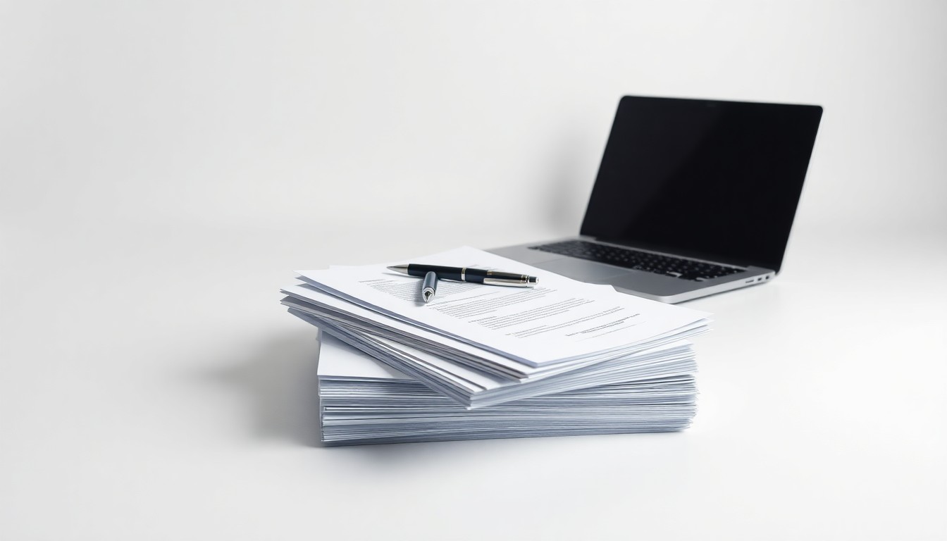 A minimalist studio still life photograph featuring a stack of business documents, a pen, and a laptop computer on a clean, white background, conceptually representing Stagwell's strategic focus on its owned media portfolio.
