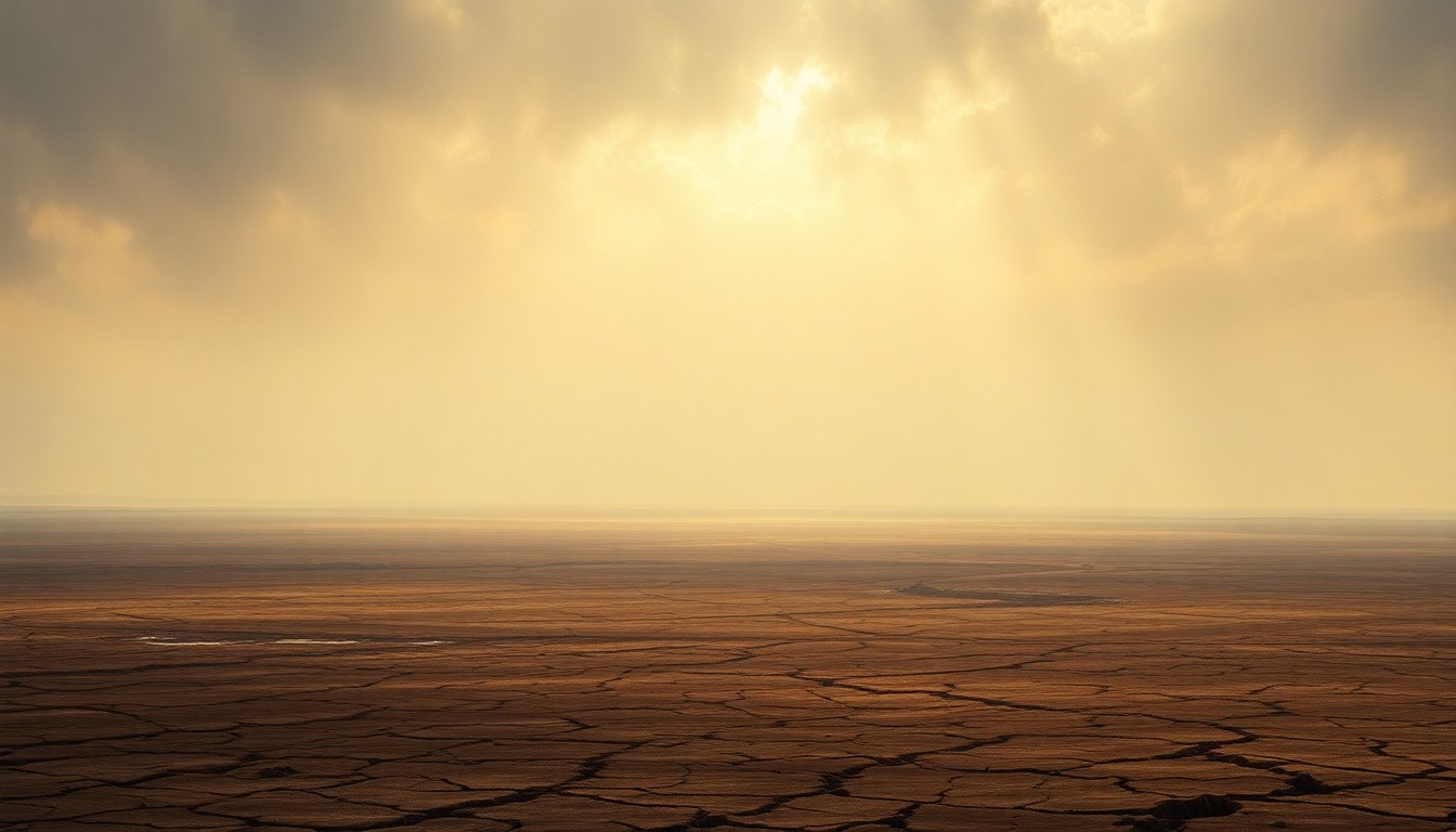 A vast, atmospheric landscape painting depicting a parched, cracked earth under an oppressive, hazy sky, conveying the overwhelming scale and melancholic mood of the ongoing drought in New Mexico.