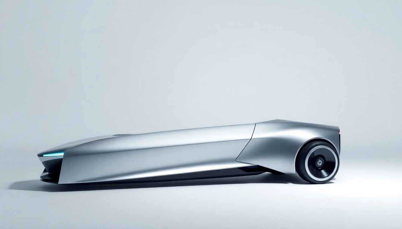 A photorealistic studio still-life photograph featuring a sleek, metallic electric vehicle component or autonomous robotics part arranged elegantly on a clean, monochromatic background, conceptually representing Faraday Future's focus on EAI technology and strategy execution.