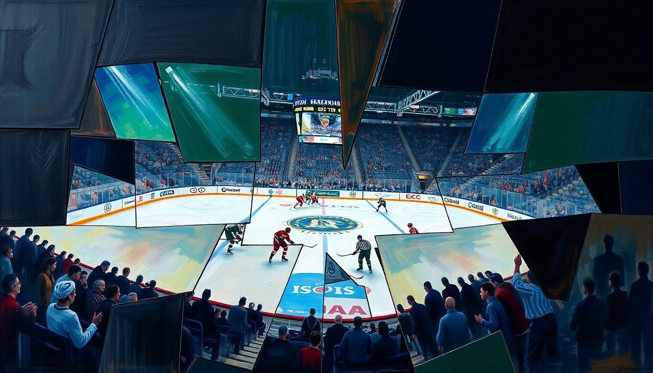 A cubist, geometric painting depicting the action and intensity of a hockey game between two teams, with sharp, overlapping planes of color and form representing the physical nature of the contest.