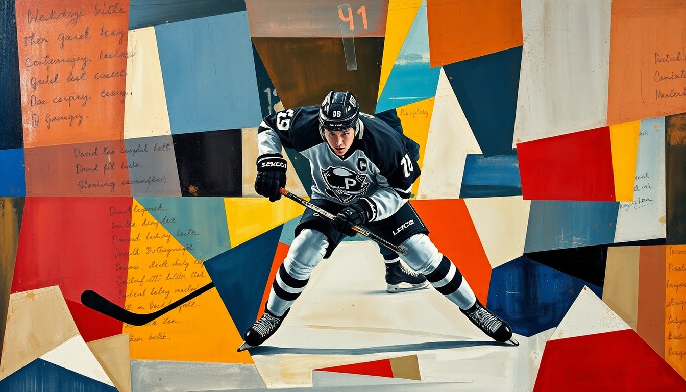 A cubist, geometric painting depicting the dynamic movements and skills of a hockey player, with sharp, overlapping planes of color and form representing the multifaceted nature of Pastrnak's offensive game.