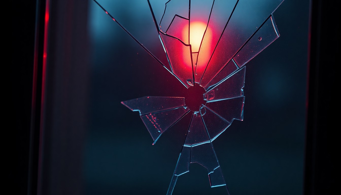 An extreme close-up of a jagged, broken window glass shard reflecting a faint red light, conveying the stark, gritty aftermath of a violent crime scene.