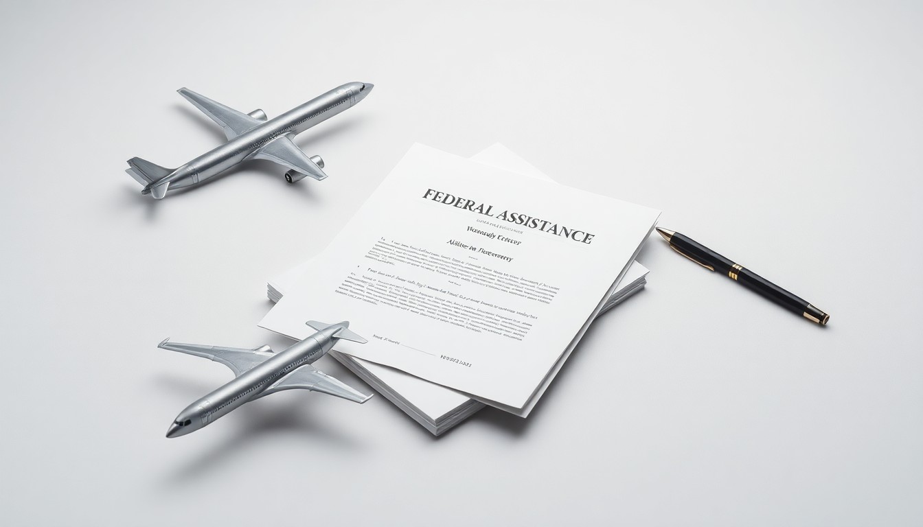 A photorealistic studio still life featuring a polished metal airplane model, a stack of official documents, and a pen, conceptually representing the airline industry's partnership with the government during the COVID-19 crisis.