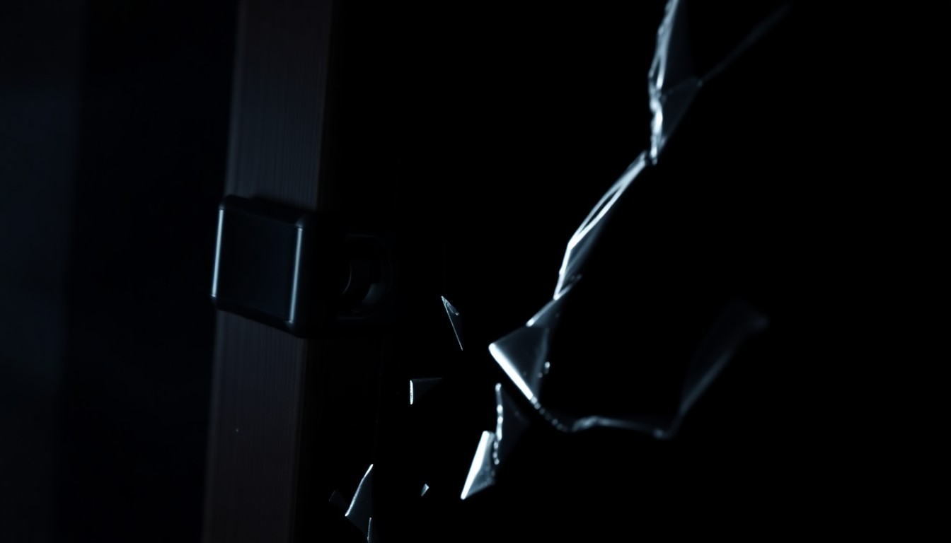 An extreme close-up of a shattered window lock reflecting a bright flash of light, conceptually illustrating the property crimes that have occurred in the area.