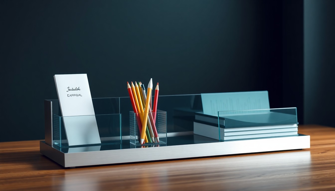 A minimalist, photorealistic studio still life featuring a sleek, modern desk organizer made of brushed aluminum and tempered glass, symbolizing the intersection of corporate sponsorship and higher education.