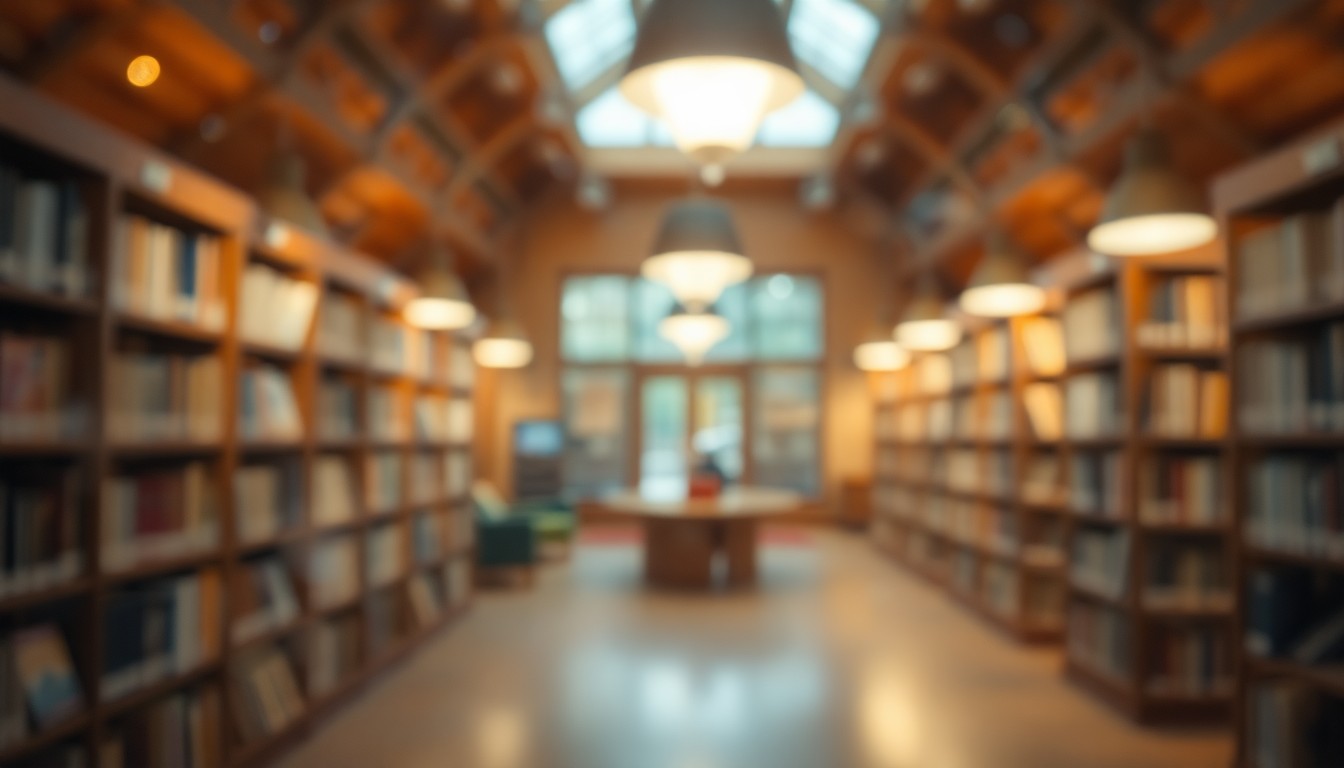 An abstract, impressionistic image of a blurred library interior, with soft pools of warm light and color creating an inviting, atmospheric scene.
