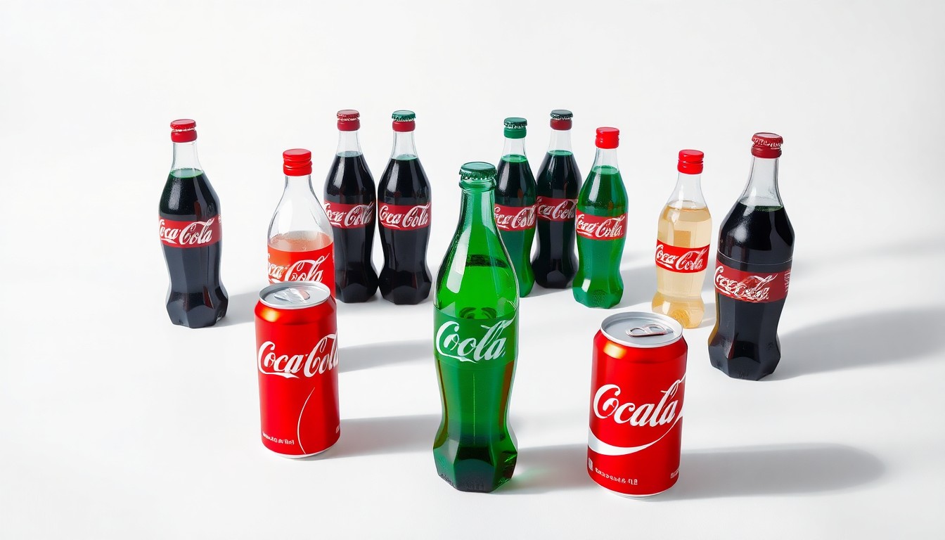 A high-end, photorealistic studio still-life photograph featuring a group of polished, geometric Coca-Cola bottles and cans arranged elegantly on a clean, white seamless background, conceptually representing the precision and scale of Swire Coca-Cola's distribution operations.