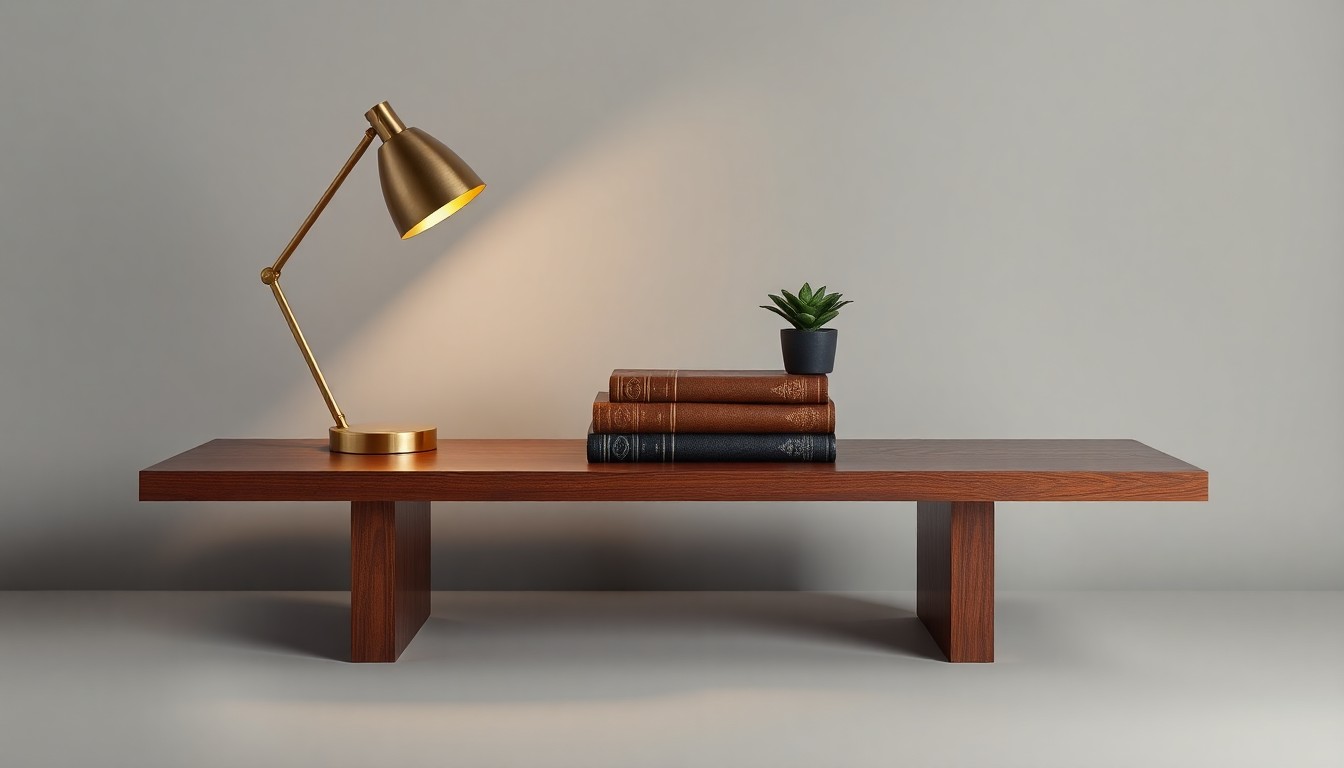 A minimalist, photorealistic studio still life featuring a polished wooden table with a brass lamp, leather-bound books, and a small potted plant, symbolizing the tradition and legacy of the Beidelman's Furniture store as it closes its doors after over a century and a half in business.