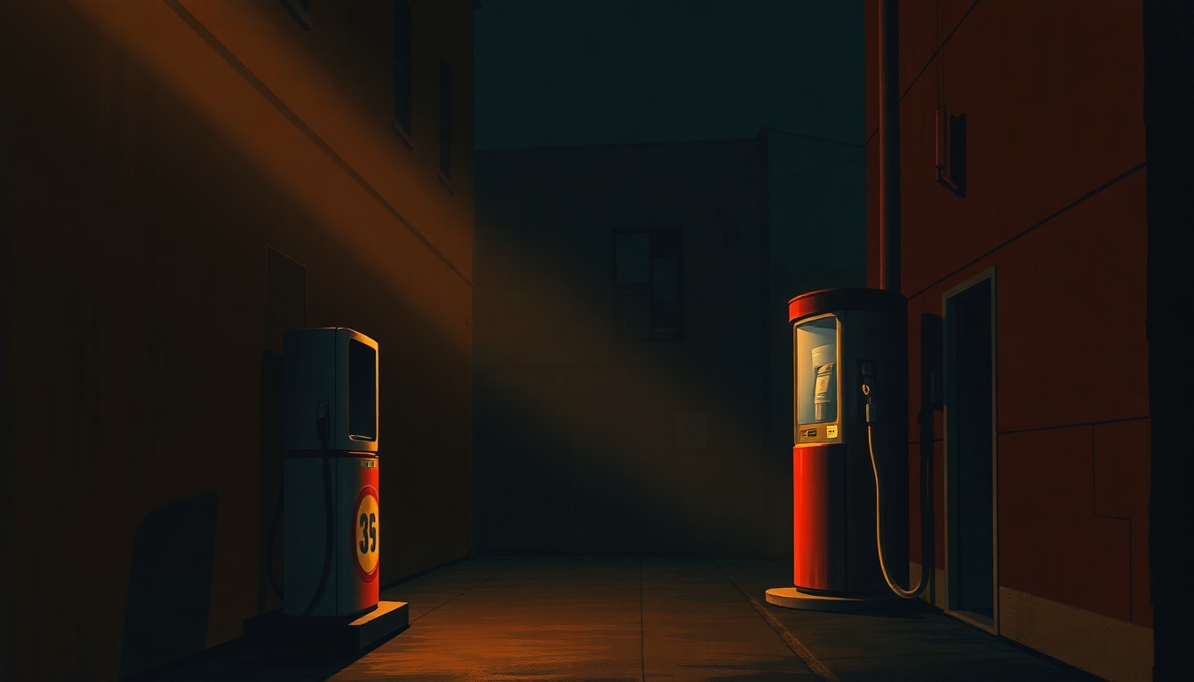 A photorealistic oil painting of a solitary gas pump in a shadowy urban alley, with warm light casting dramatic diagonal shadows across the scene, conveying a sense of melancholy and economic hardship.