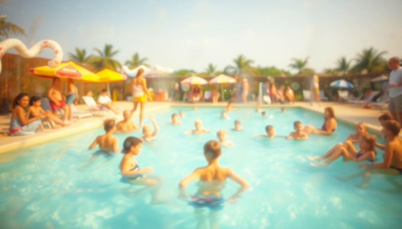 An impressionistic, blurred photograph of a summer pool scene with children playing and families relaxing, conveying the sense of loss and nostalgia felt by the community over the pool closures.