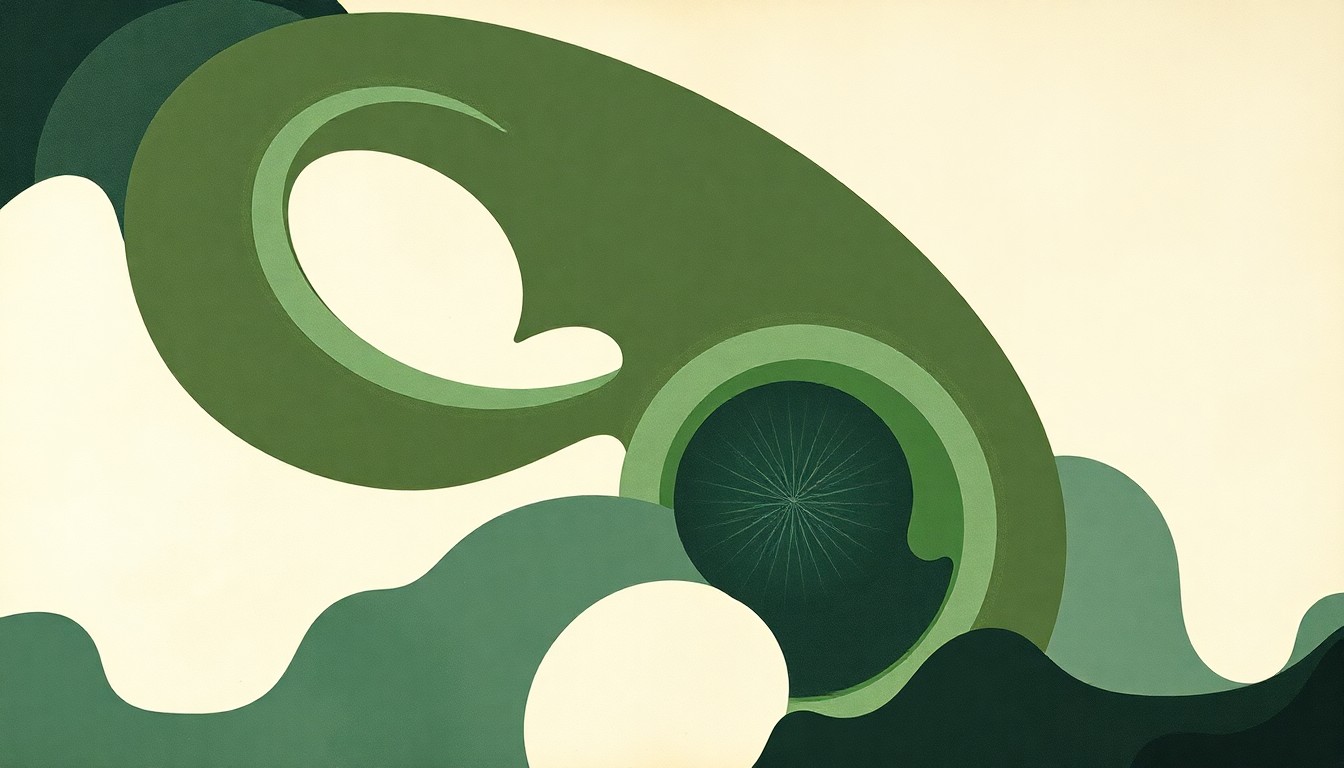 A bold, abstract painting in muted greens, blues, and grays, featuring sweeping geometric arcs, concentric circular patterns, and precise botanical spirals, conceptually representing the complex ecosystem dynamics and population fluctuations of wolves in the Pacific Northwest.