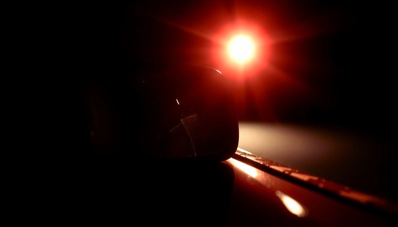 An extreme close-up photograph of a damaged car side mirror, the harsh lighting and stark black background creating a somber, investigative mood around this physical evidence from a tragic parking lot accident.