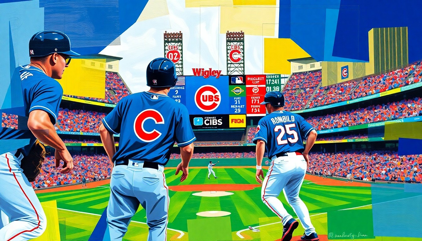 A cubist, geometric painting depicting a baseball game, with the players and field broken down into sharp, overlapping planes of color in the Cubs' blue and red uniforms, with the Wrigley Field scoreboard visible in the background, conceptually representing the team's offensive success and pitching challenges.