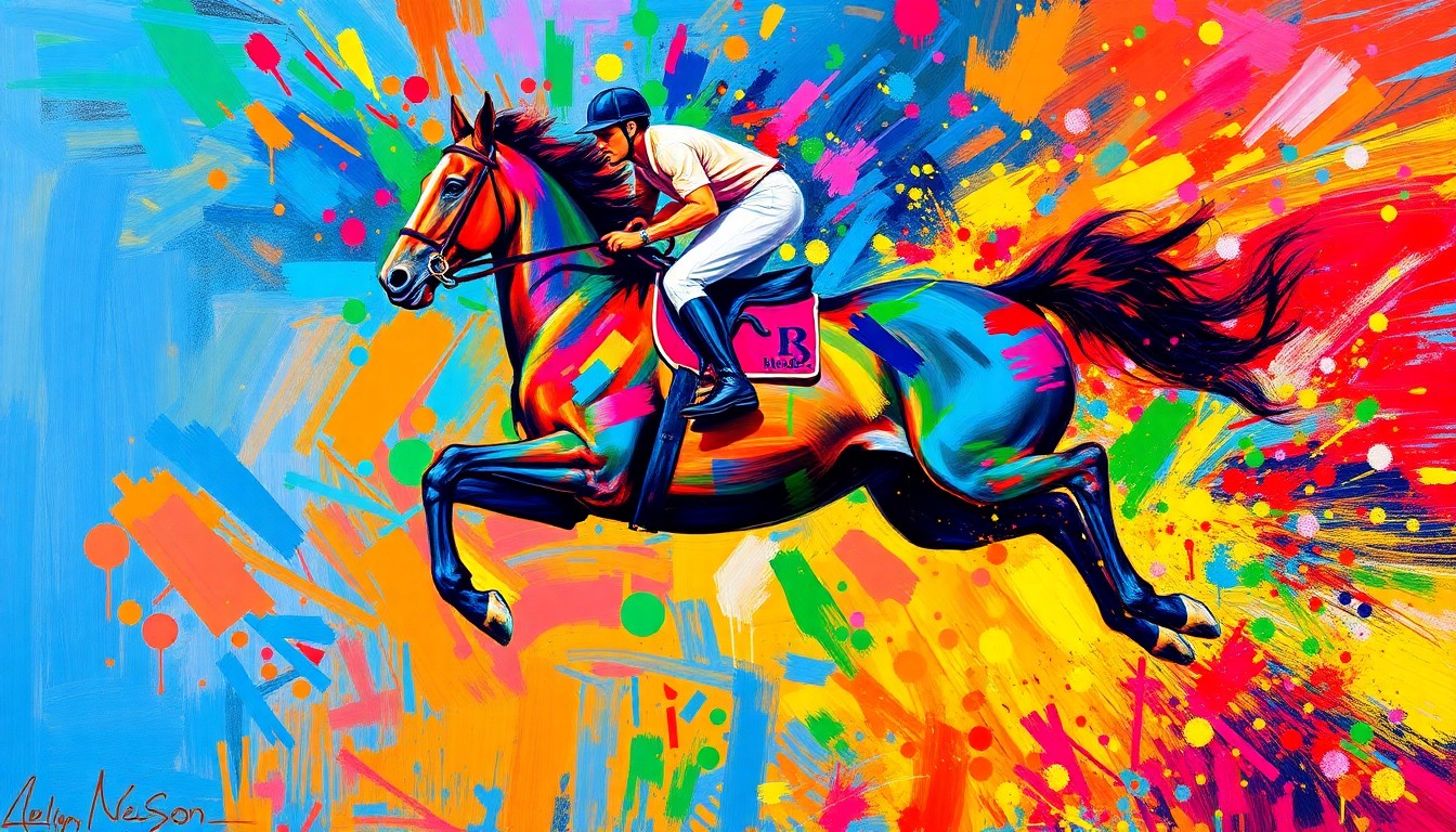 An extreme close-up of an equestrian rider and horse mid-jump, with the rider's face and the horse's features dissolving into unrecognizable splatters of neon colors, capturing the raw energy and movement of the sport.