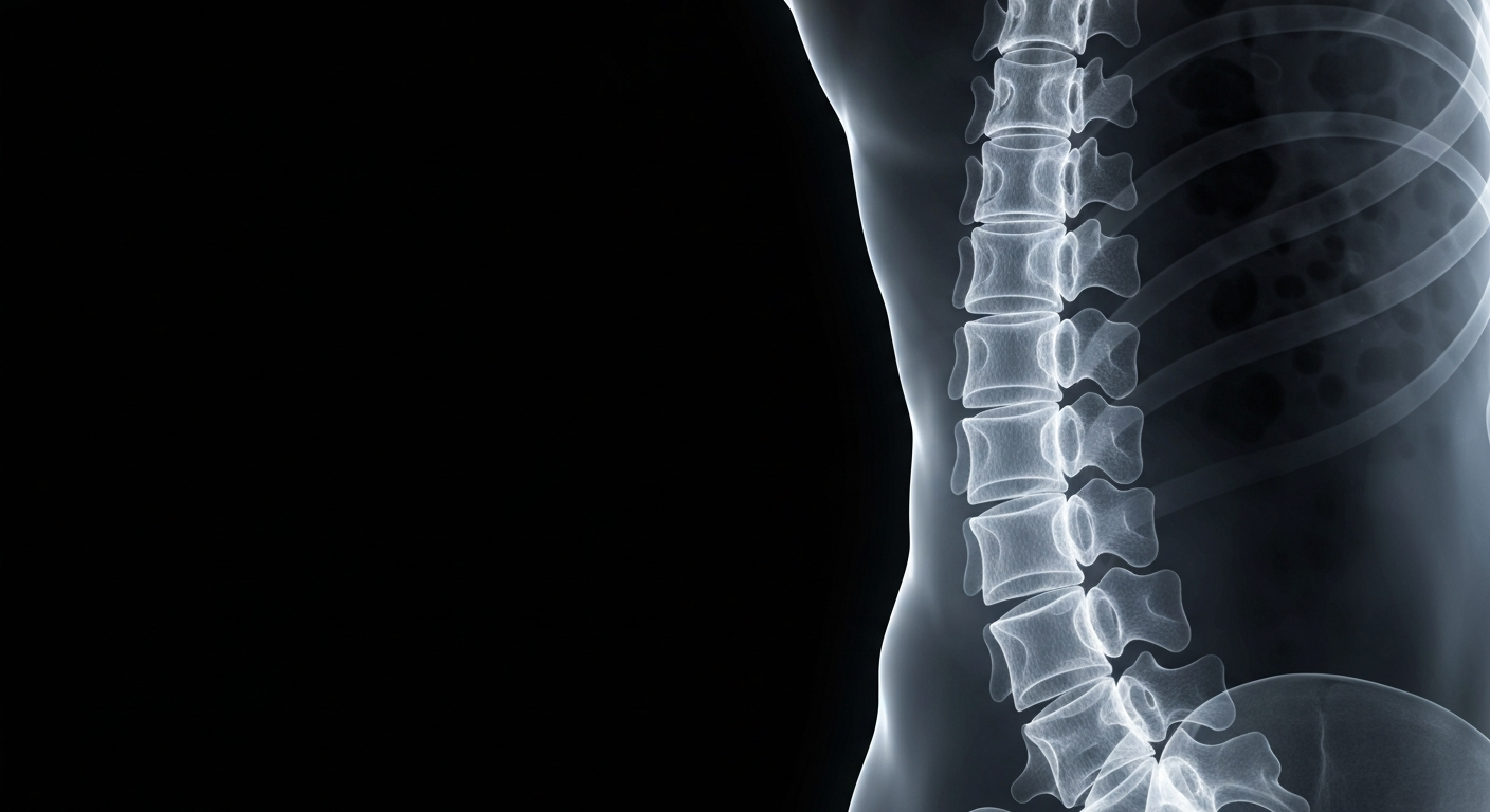 A ghostly, translucent X-ray image of a human spine, with the vertebrae and discs glowing softly against a dark background, conceptually illustrating the internal mechanics of the spine and the potential for non-invasive treatments.