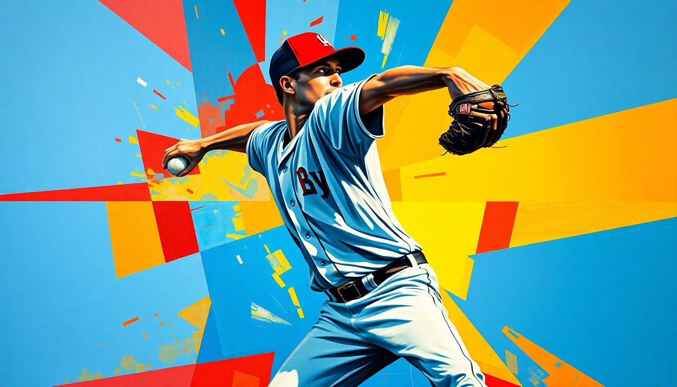 A fragmented, cubist-style painting depicting a baseball pitcher's throwing motion broken down into sharp, overlapping geometric shapes in shades of blue, red, and yellow, conveying the complex recovery process for injured players.