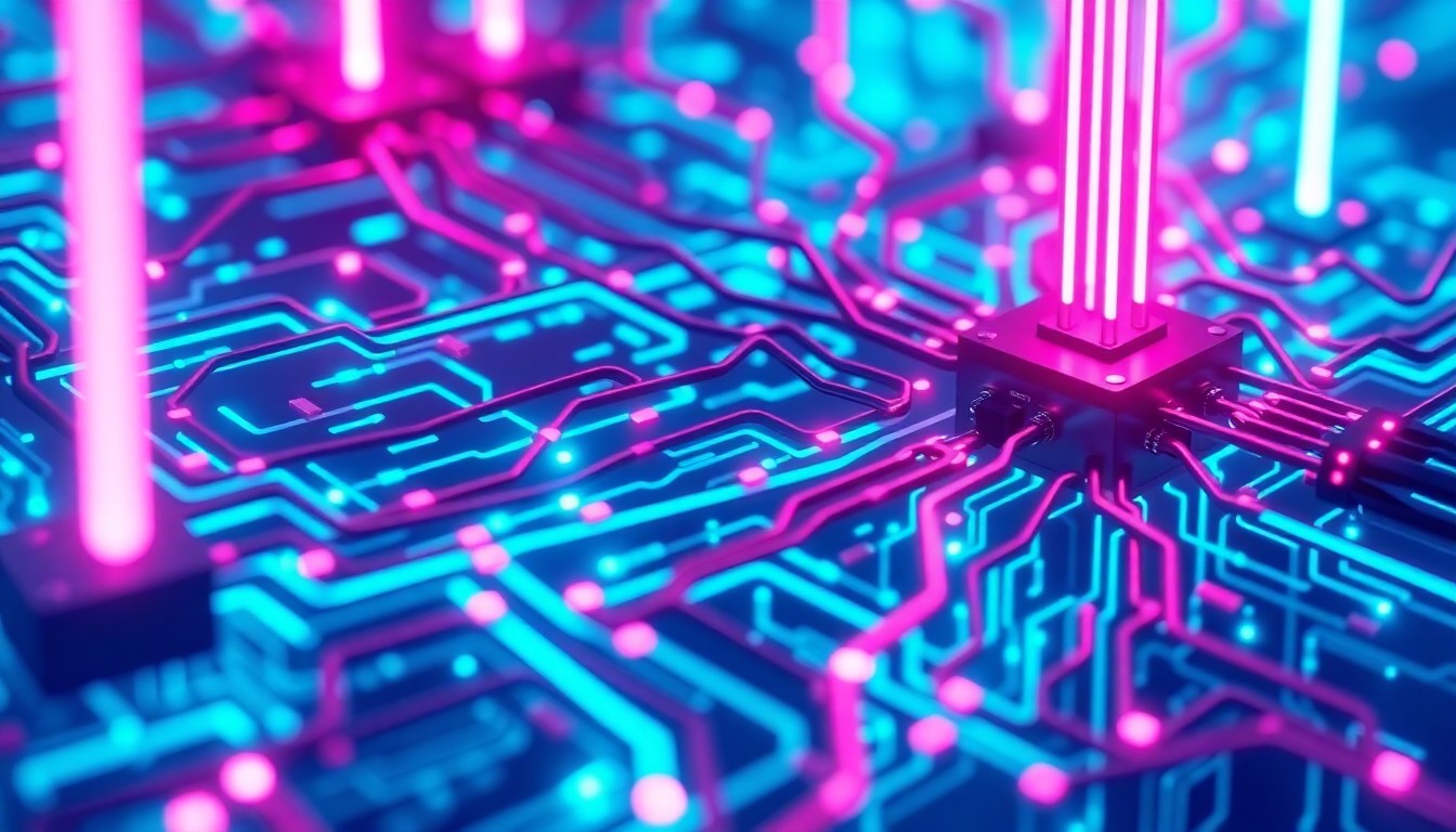 A highly detailed, 3D macro illustration of a complex, glowing AI neural network infrastructure, with intricate circuits and data streams illuminated by neon cyan and magenta lights, conceptually representing the advanced capabilities and cybersecurity risks of Anthropic's Mythos AI model.